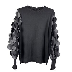 Siani Milano Women's Sweater L Black Knit Ruffle Neck Sheer‎ Statement Sleeves